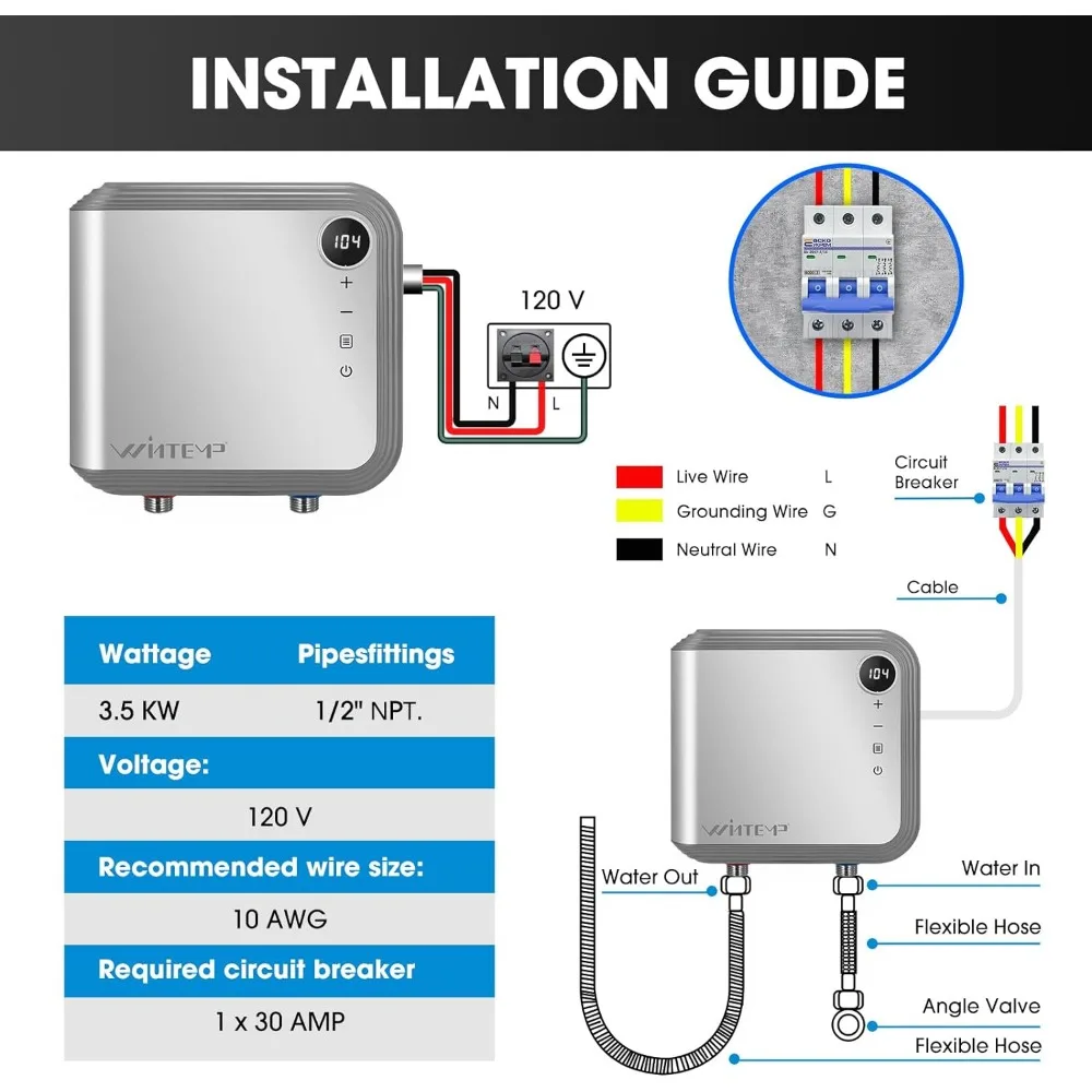 3.5KW ไฟฟ้าเครื่องทำน้ำอุ่นไม่มีถัง120โวลต์ออกแบบมาเพื่อให้น้ำร้อนตามความต้องการโดยไม่จำเป็นต้องมีถังเก็บใช้