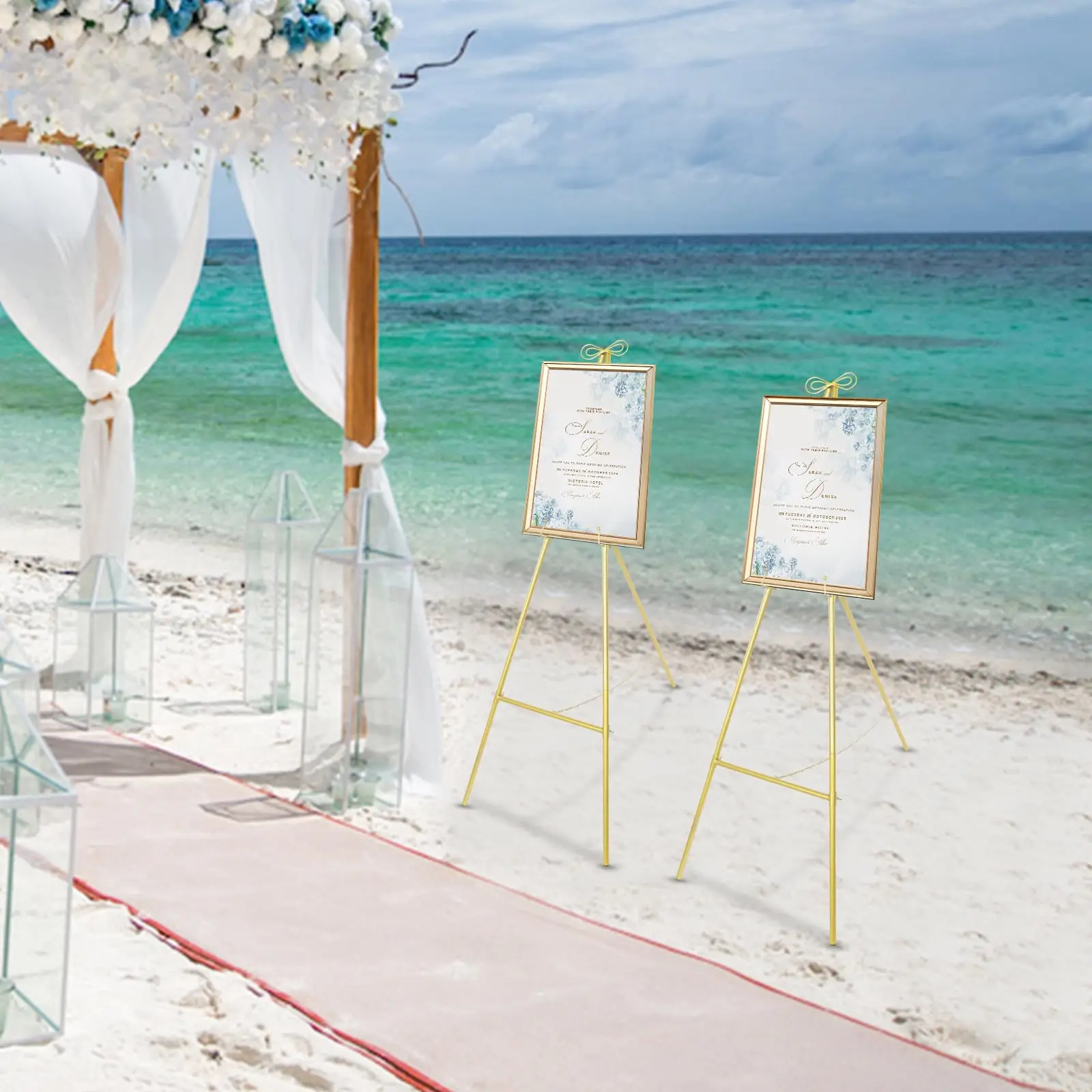 61.6 em 2 peças suporte de cavalete dourado alto para sinal, cartazes, suporte de cavalete de exibição de metal ajustável com parte superior de arco, cavalete de arte portátil, fol