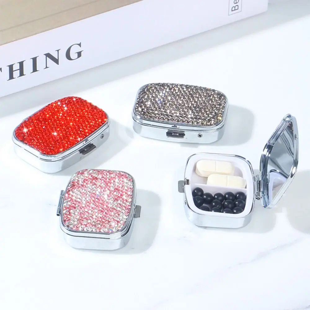 Caja de joyería portátil con espejo HD con incrustaciones de diamantes de imitación, Mini pastillero impermeable, caja de almacenamiento brillante multifuncional para viaje