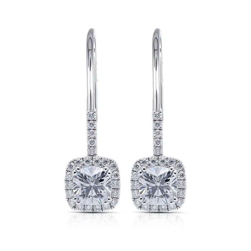 S925PureSilver Four Prong Round Moissanite Earrings Platinum Plated Micro Paved Hook Studs For Women With Cubic Zirconia Details