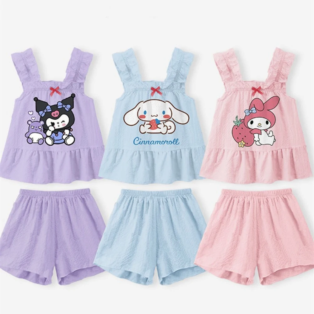 Sanrio Anime My Melody Cinnamoroll Kuromi Summer Children Pajamas Set Kids Girls Strap Sleeveless Sleepwear Short Lingerie Set