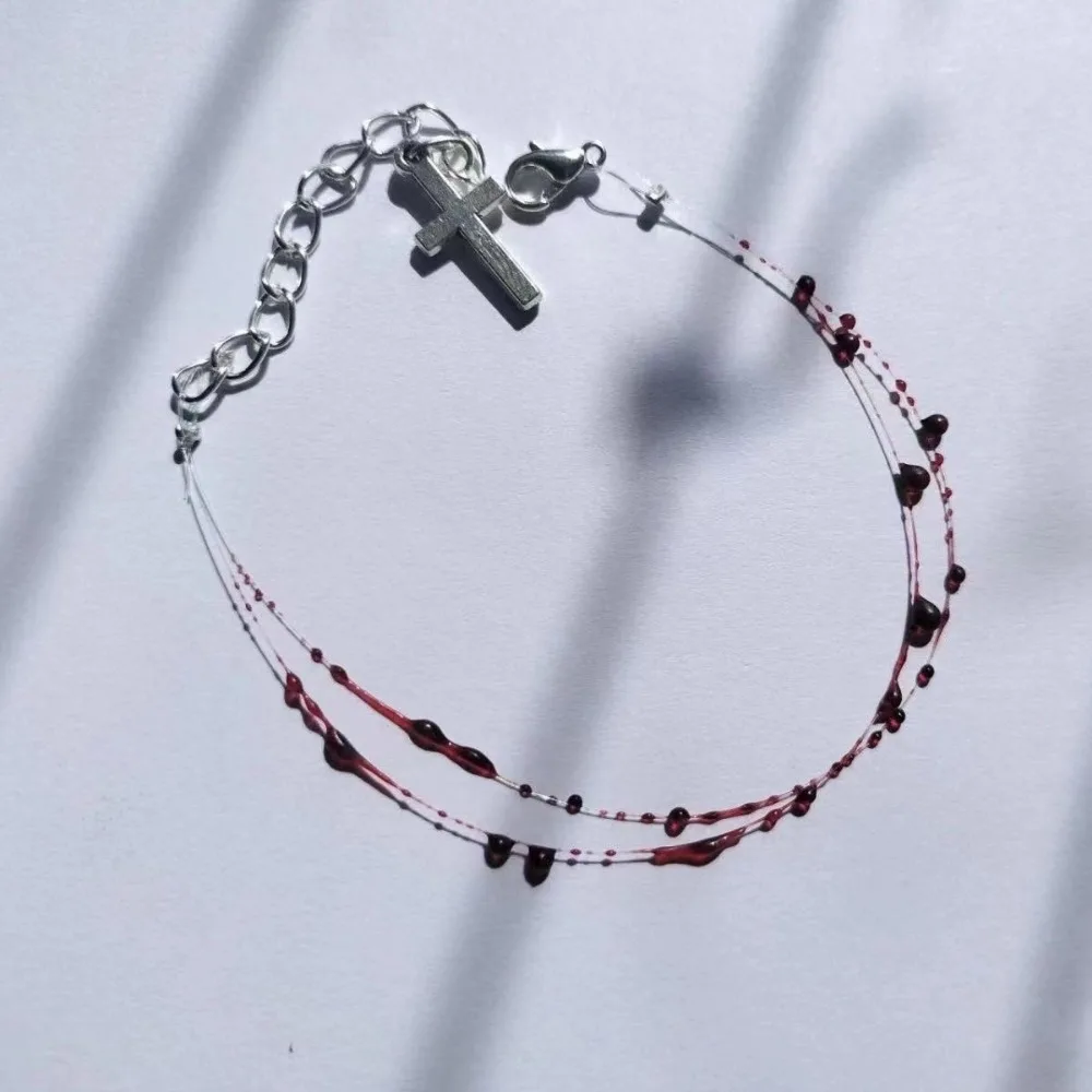 Dripping Blood Drop Cross Bracelet Gothic Punk Vampire Choker Bracelet Masquerade Costume Halloween Accessories