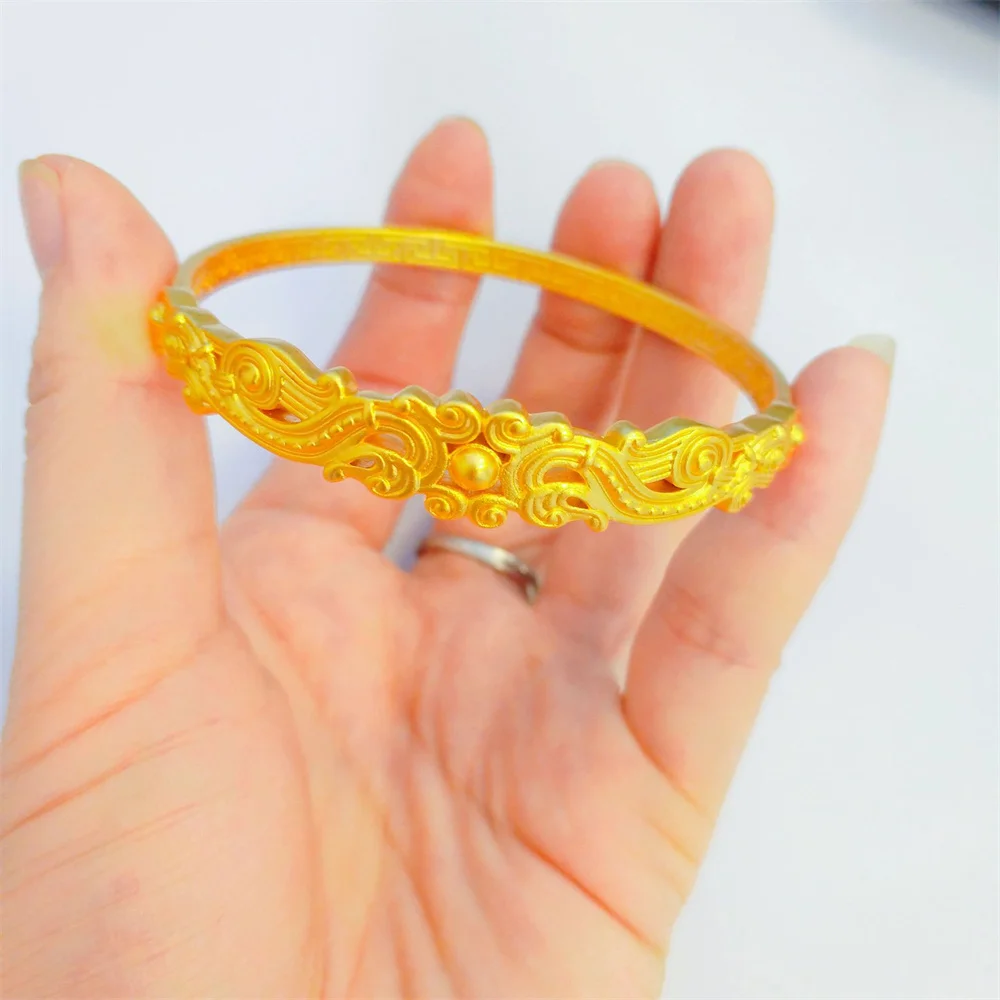 OUYADI Women 14K Gold Plated Stainless Steel Clasp Bangle, Delicate Dragon Phoenix Relief Daily Wear Jewelry Gift