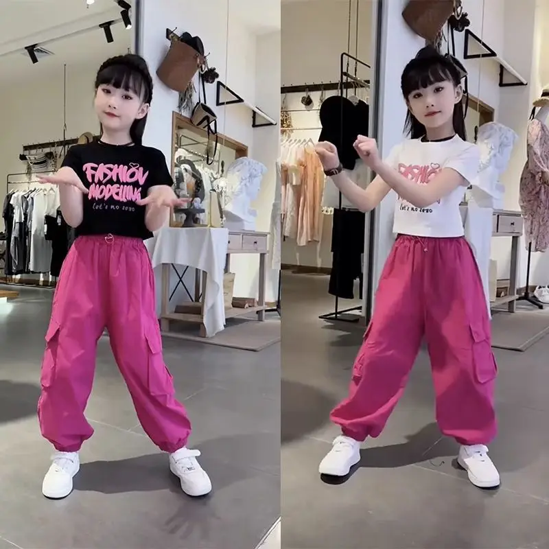 2026 summer girls Clothes Children set Suit Teenager slim letters short sleeve crop top t-shirt + cargo pants 4 8 10 11 12 year