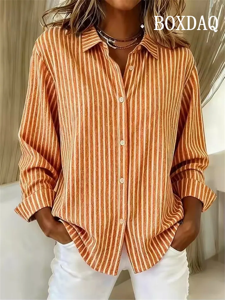 Casual Loose Striped Shirts For Women 2025 Autumn Vintage Women's Button Shirts Long Sleeve Blouses Fashion Elegant Female Tops