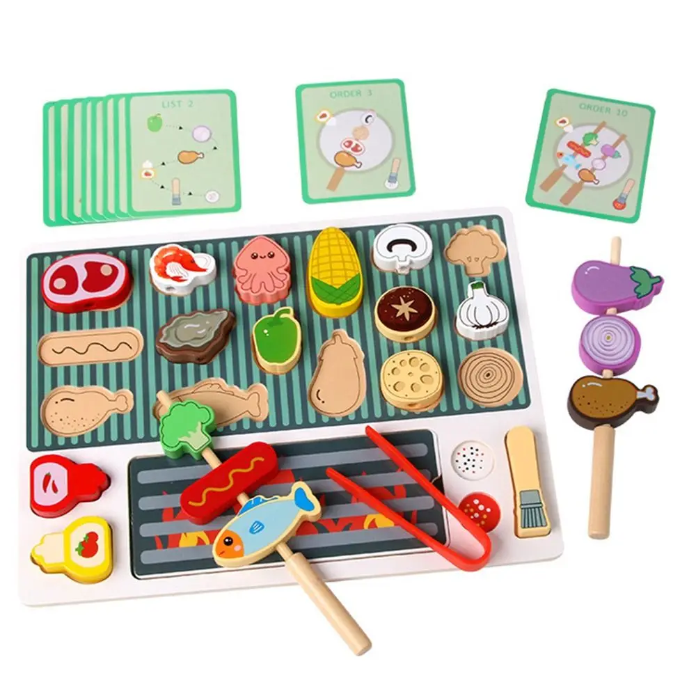 Multicolorido montessori brinquedos de madeira churrasco simulação churrasco brinquedos dos desenhos animados frutas jogando casa brinquedos educativos para crianças