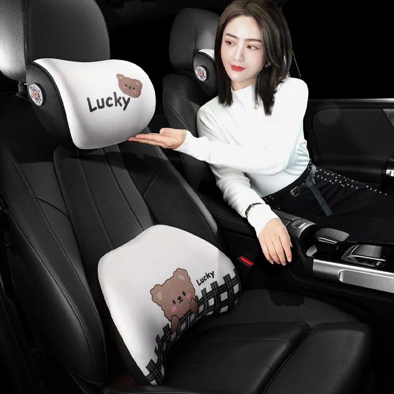 

Cute Cartoon Bear Car Headrest Waist Pillow, Foam Slow Rebound Neck Pillow Lumbar Support Cushion, Universal Four Seasons