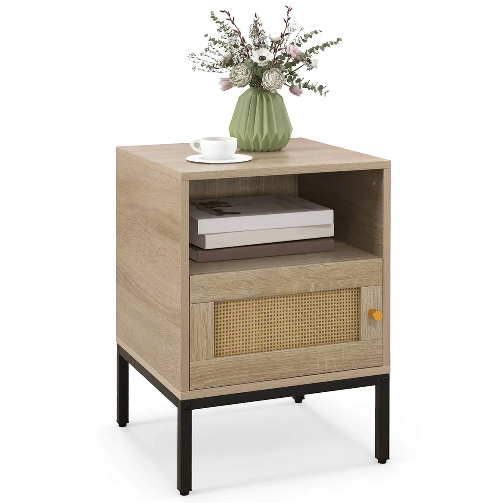 Nightstand with Storage Home Boho Style Accent Table w/Open Shelf & Door Cabinet