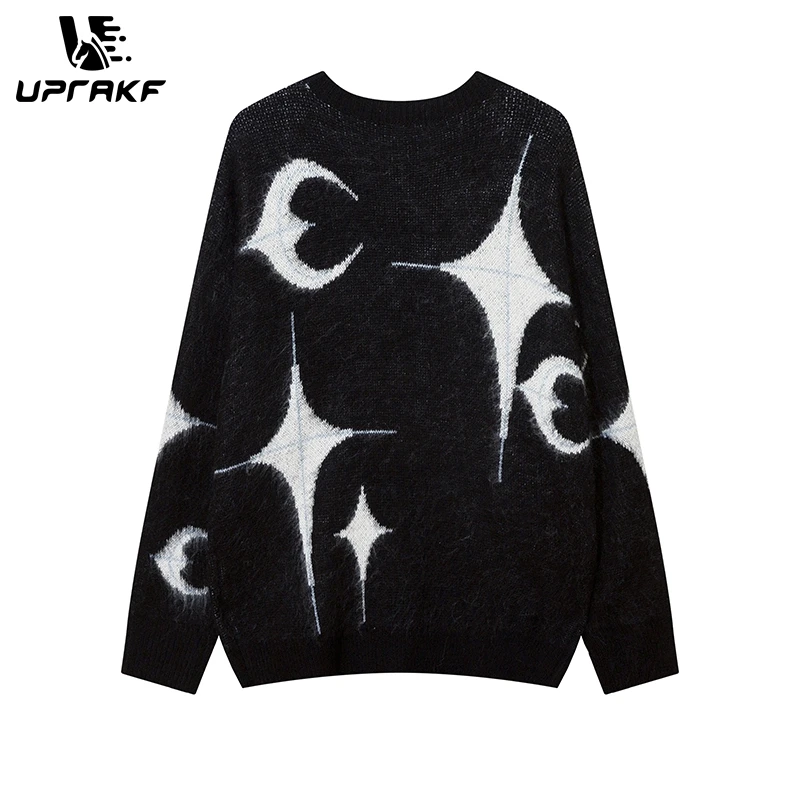 UPRAKF Y2K Star & Moon Graphic Sweater: Soft & Oversized Unisex Harajuku/Hip-Hop Black & Grey Streetwear