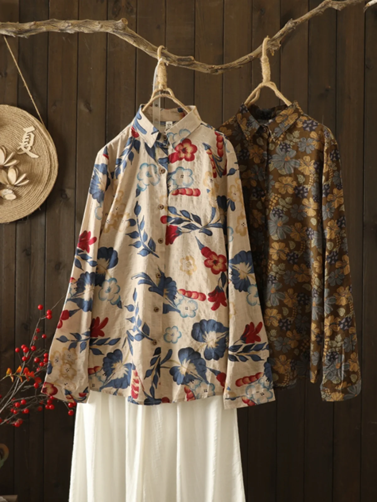 

Retro Floral Cotton Linen Long Sve Ne Slimming Casual irt Large Size Women's Autumn Wear Comfortable Loose Fit