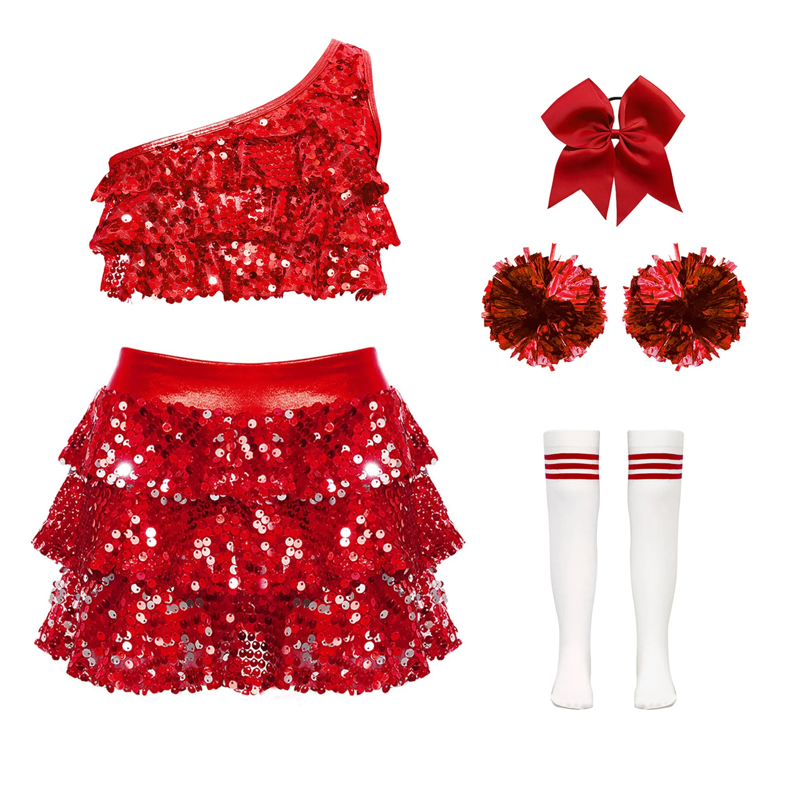 Children Cheerleader Costume Shiny Sequins Cheerleading Uniforms Kids Girls School Cheer Dance Outfit Cheerlead Uniform Teamwear