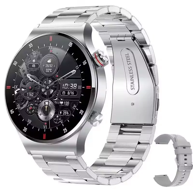 2025 الرجال Smartwatch الفولاذ المقاوم للصدأ الصحة الذكية BT دعوة مقاوم للماء 1.28 "شاشة مستديرة NFC ساعة ذكية QW33