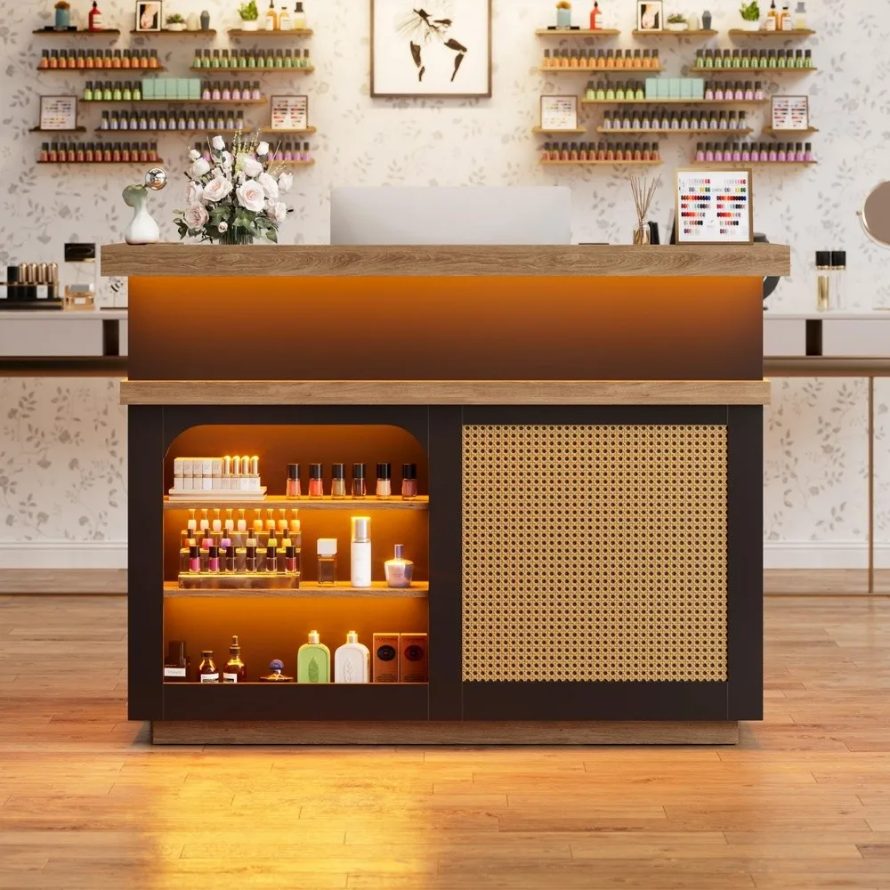 Reception Desk with LED Lights Power Outlets 63.6 inch Modern Front Table Reception Room Table with Cable Grommet