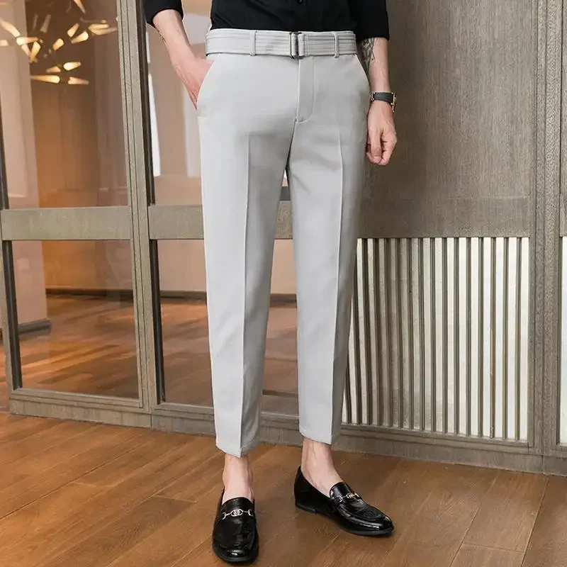 Fluid Social Tailoring Slim Fit Business Baggy Man Suits Pants Draped 9 Cropped Gray Tressed Trousers for Men Cheap Luxury Up