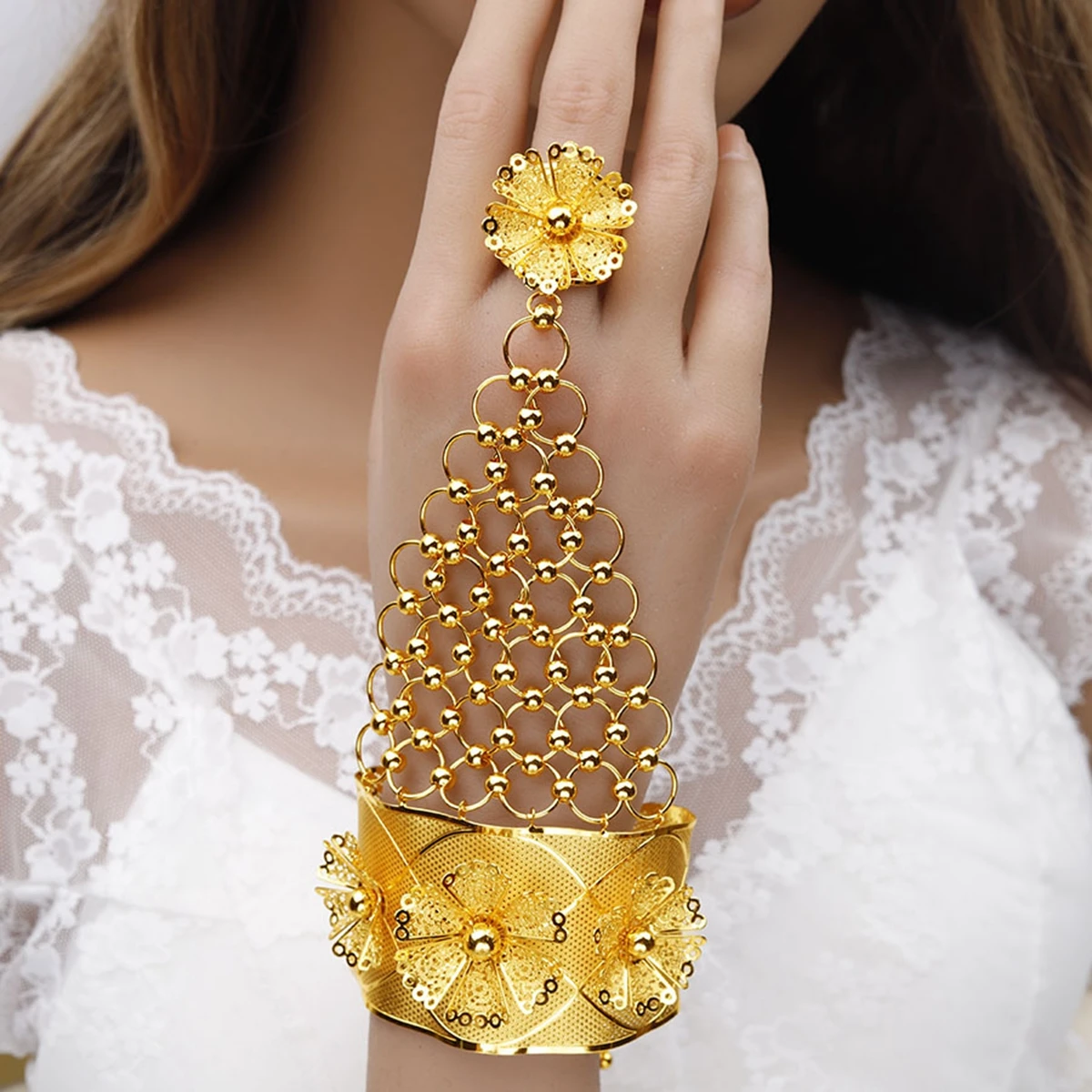 New Dubai 24k Gold Plated Hollow Flower Bracelet Ring Women's Bridal Wedding Jewelry Popodion  YY10480