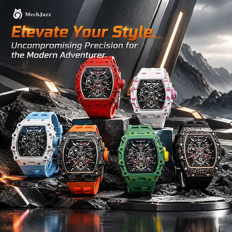 Luxury Skeleton Mechanical Watch for Men, Square Carbon Steel Case, Sapphire Crystal, Silicone Band, Automatic Sport Wristwatch