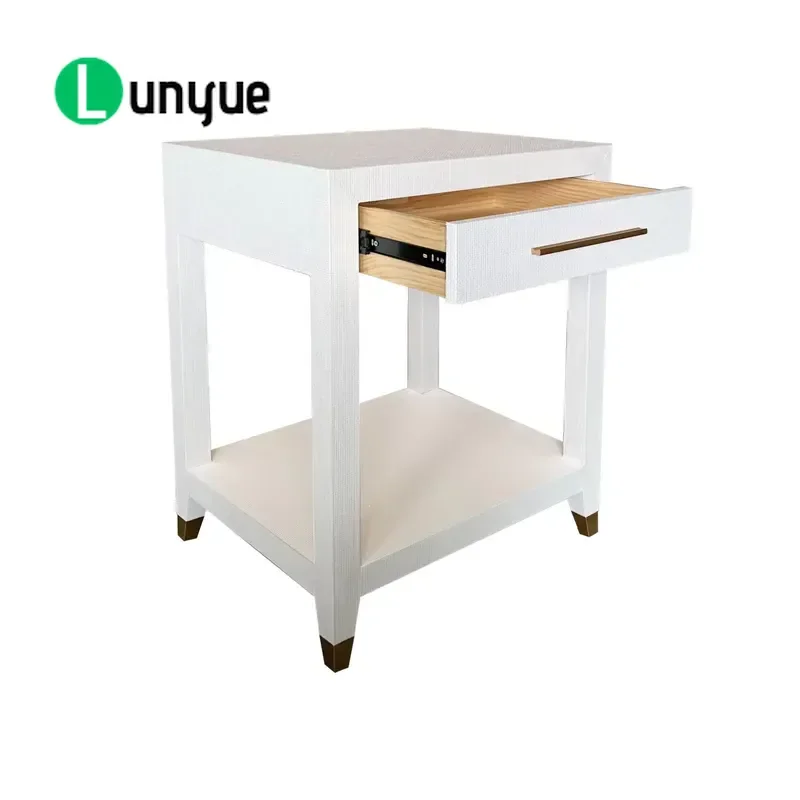 Modern White Grass Cloth Side Table with Gold Handle Wooden Frame One Drawer Eco Friendly Coffee Table for Living Room