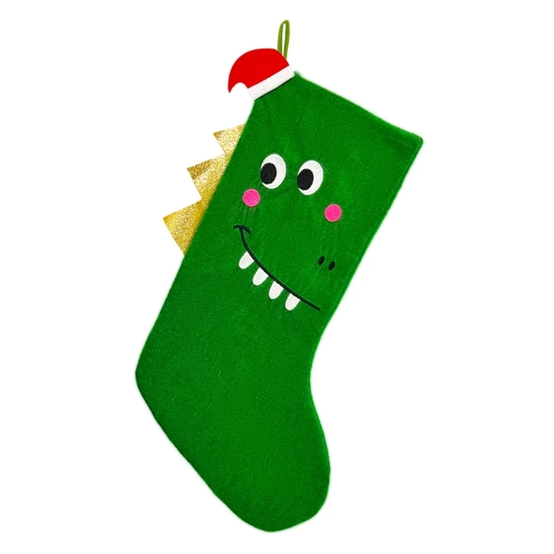 

Spacious Fabric Christmas Stocking Large Size Green Christmas Stocking Pendant with Dinosaur Designs for Kids