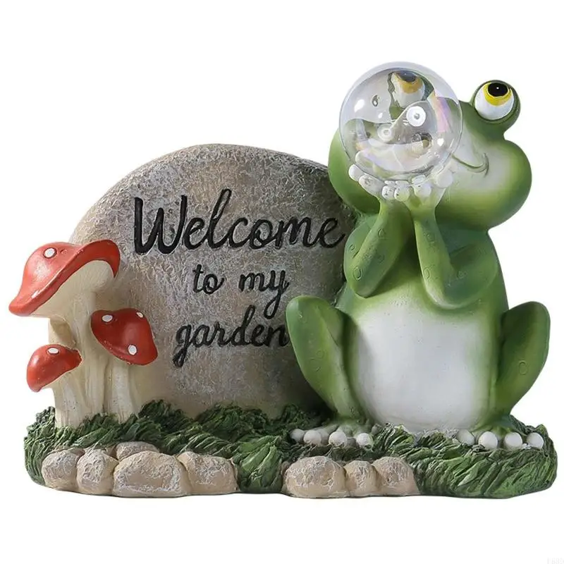 F68D Solar Garden Statue for Frog Blowing Bubble Color Changing Light Welcome Sign for Indoor Outdoor Patio Yard Decoration Lamp