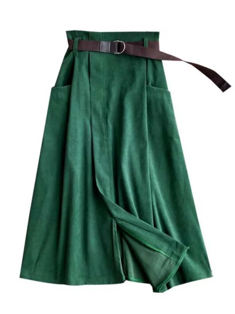 Women Elegant Chic Split Midi Skirt Autumn Winter Solid Elastic High Waist Casual Office Lady A Line Long Skirts