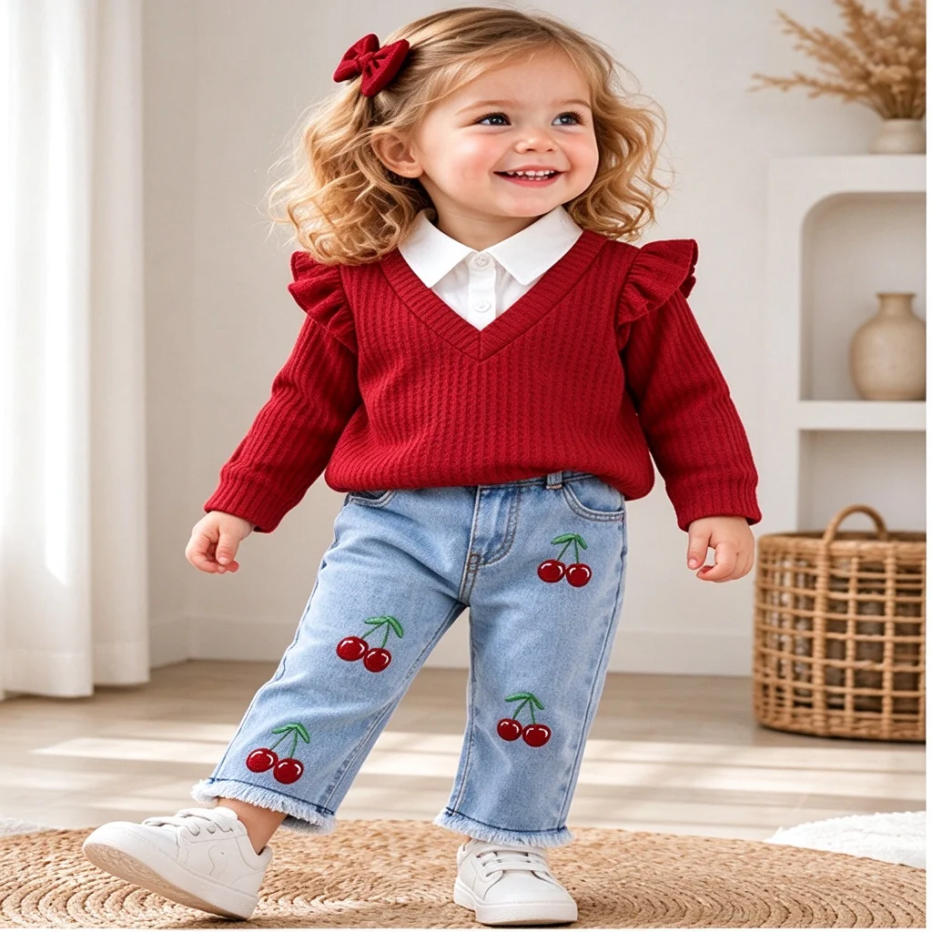 Baby Girls Knit Sweater Set Infant Ruffle Red Top Cherry Embroidered Jeans Toddler Spring Casual Outfit 6M-3Y