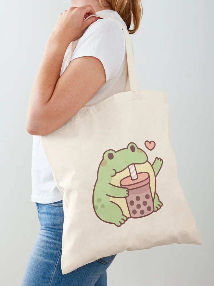 Cute Frog Loves Drinking Bubble Tea Tote Bag Woman shopper bag hand bags tote bags cloth bags Canvas Tote Bag