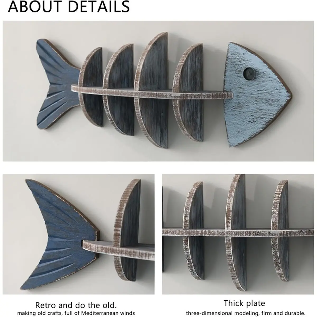 Wooden Fish Wall Shelf,Nautical Coastal Shelf Bathroom Wall Decor Fish Beach Decor Display Shelf,Ocean Decoration