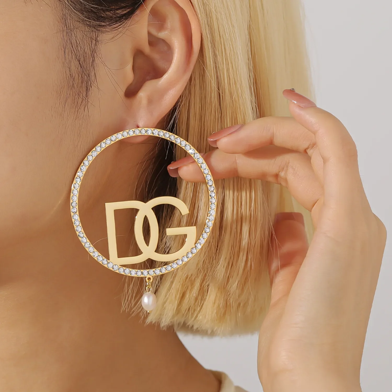 Custom Initials Iced Hoop Earrings with Freshwater Pearl Stainless Steel Earrings Women Personalized Name jewelry with Pearl