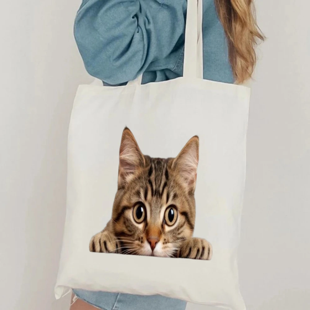 

Cute Peeking Tabby Cat Print Canvas Tote Bag White Casual Shoulder Bag with Realistic Cat Design for Shopping and Daily Outings