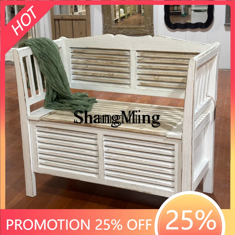 SM new country style furniture solid wood retro and old clamshell storage leisure chair shoes changing stool