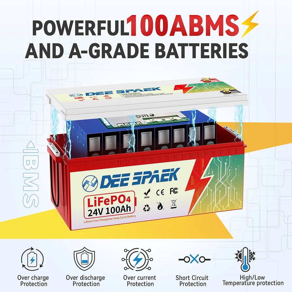 24V LiFePO4 Battery 100Ah With BMS Rechargeable Battery 24V Deep Cycles For Camper RV Home Energy Storage Solar Lithium Battery