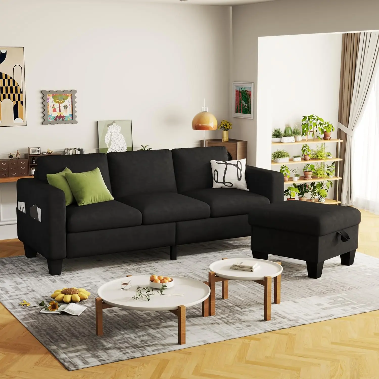 

3 Seat L-Shaped Small Sectional Sofa Couches with Storage Ottoman Modern Black Velvet Upholstered Sofa