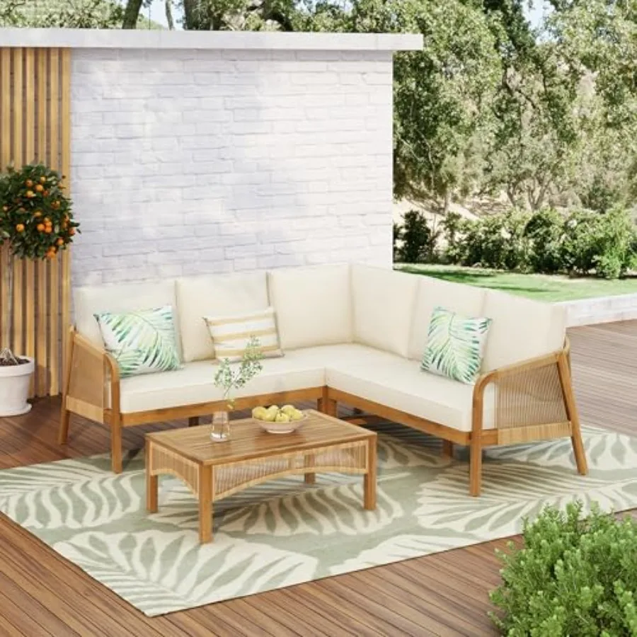 

Havets 78.75" Sectional L Shaped Sofa, Slat Coffee Table, 4 Pieces Acacia Wood Patio Furniture Set, Faux Rattan Chair and Table