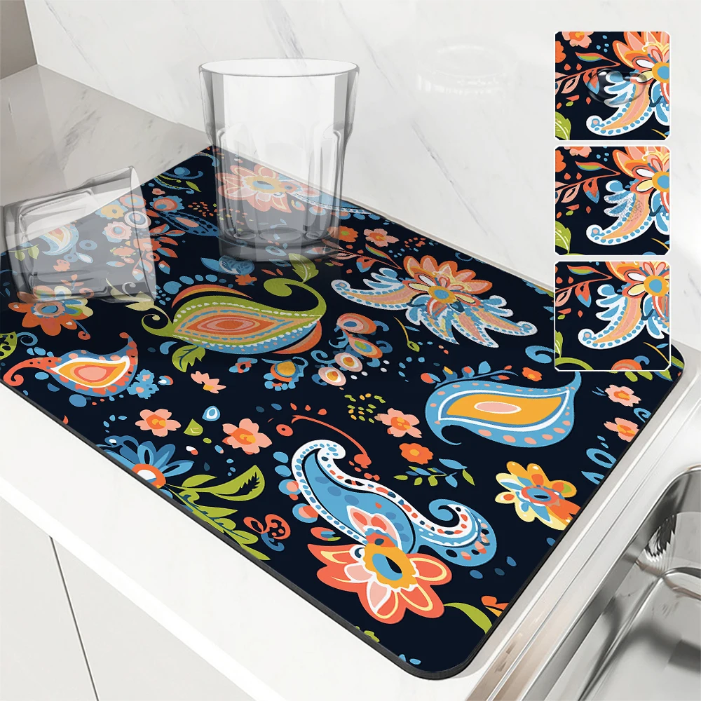 Diatom Mud Kitchen Drain Pads Paisley Flower Absorbent Bowls   Tableware Draining Mat Placemats for Table Coffee Machine Mat