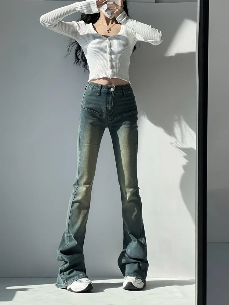 

Американские ретро джинсы-колокольчики с высокой талией, женские весенне-осенние утягивающие эластичные брюки небольшого размера, прямые брюки длиной до пола