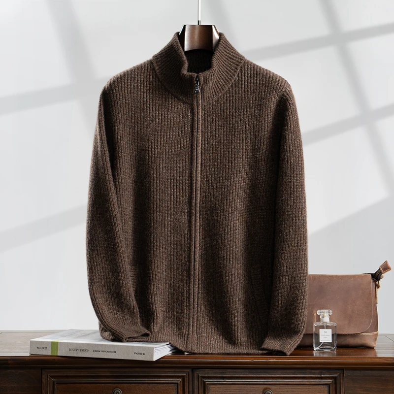 Autumn Winter Men's 100% Cashmere Sweater Thick Mock Neck Zipper Cardigan Coat Basic Smart Casual Style Cashmere Knitwear Tops