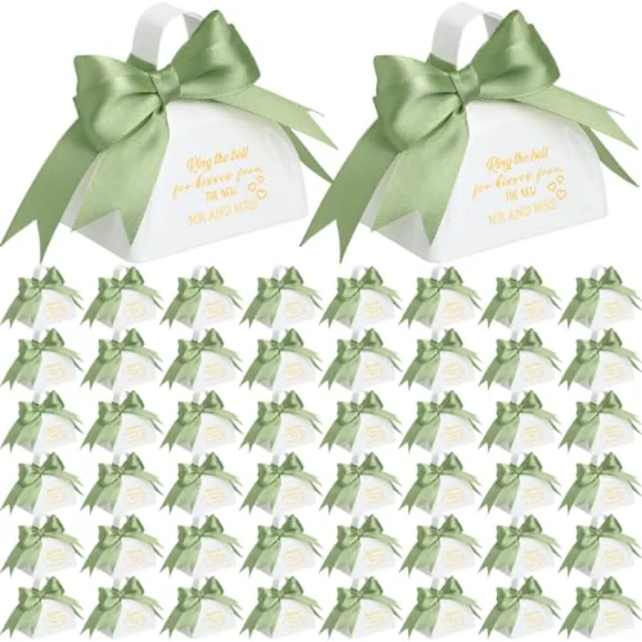 

Boao 50 Pcs Metal Cowbell with Handle and 2 Roll Green Ribbon White Cow Bells Small Loud Noise Makers for Wedding Sporting Even