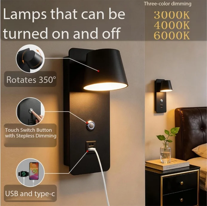 

New LED Rotatable Wall Lamp Stepless Dimming USB Rechargeable Living Room Study Bedroom Bedside Atmosphere Lighting