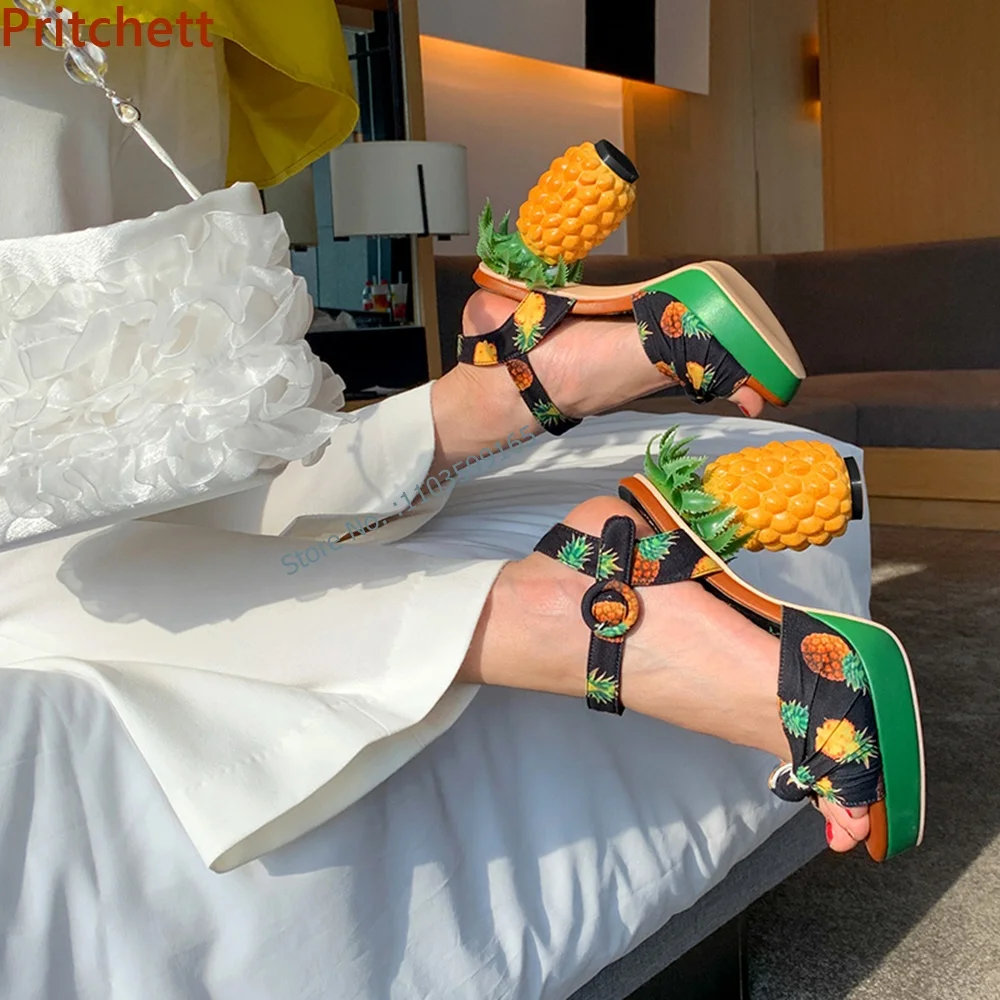 Pineapple Heel Mixed Color Sandals Strange Style Peep Toe Twist Buckle Strap Slingback Shoes Summer Vocation Party Shoes