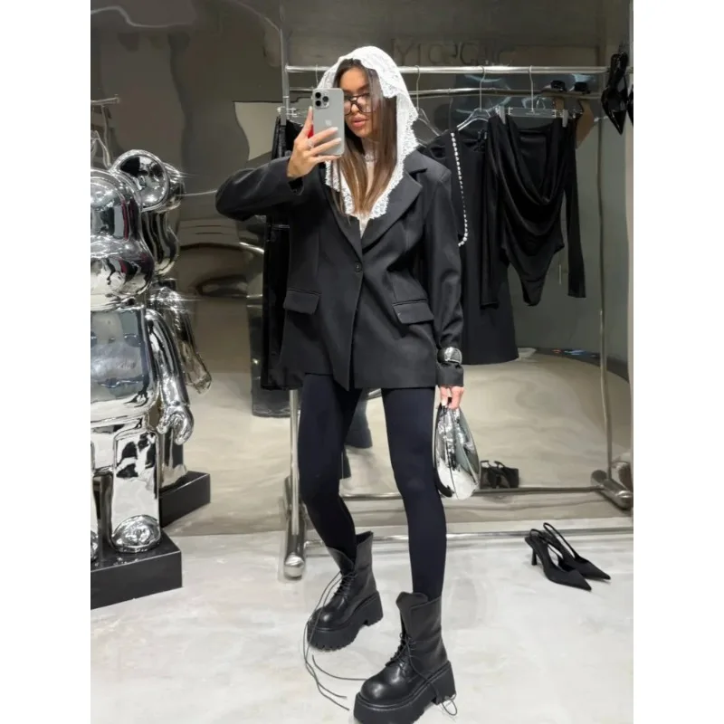 

Элегантный черный блейзер с кружевными вставками для женщин, повседневный, с длинными рукавами, отложным воротником, на одной пуговице, свободного кроя, весенняя куртка для офиса 2026