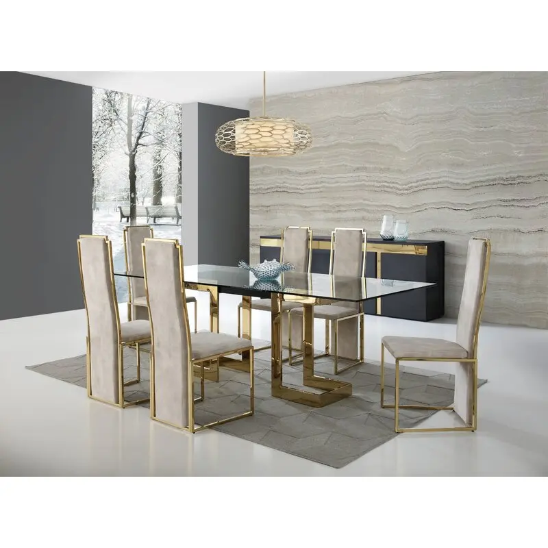 Mesa de comedor superior de vidrio templado con base de acero inoxidable, mesa de boda, mesa rectangular con acento, muebles para el hogar y el hotel