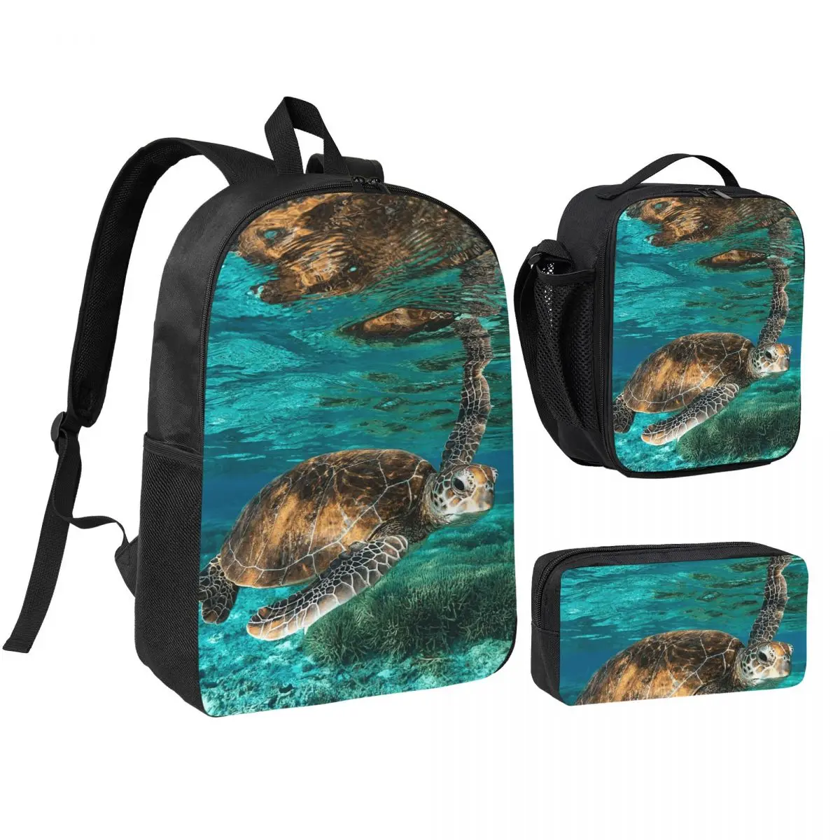 Sea Turtle Swimming In Water Backpack Boys Girls BookBag School Bag Shoulder Bags 3ps Insulated Lunch Bag Pencil Case