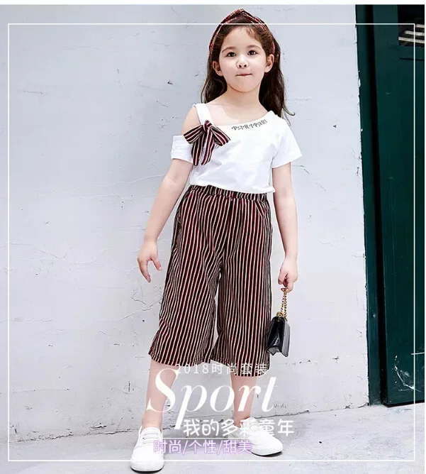 Toddler Girls summer short sleeve T-shirt striped pants clothes suits fashion children\'s  bow tops Trousers 2pcs Clothing sets