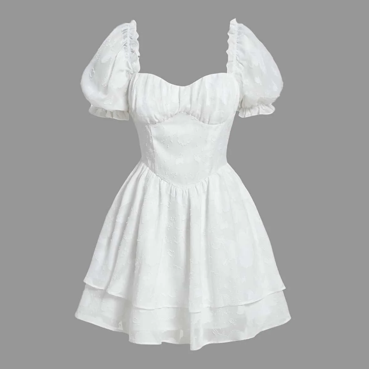 Teen Girl Jacquard Puff Sleeve Ruched Bust Drop Waist Two Layer Hem Milkmaid Dress Tiered Layer Ruched Bust Zipper