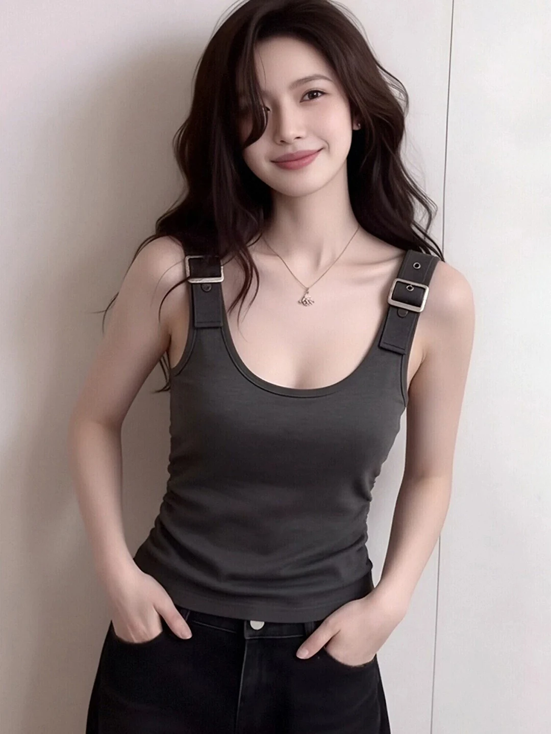 American Sexy Spicy Girl Style Double Buckle U-Neck Vest Summer New Pure Color Personality Outerwear Inner Match Top