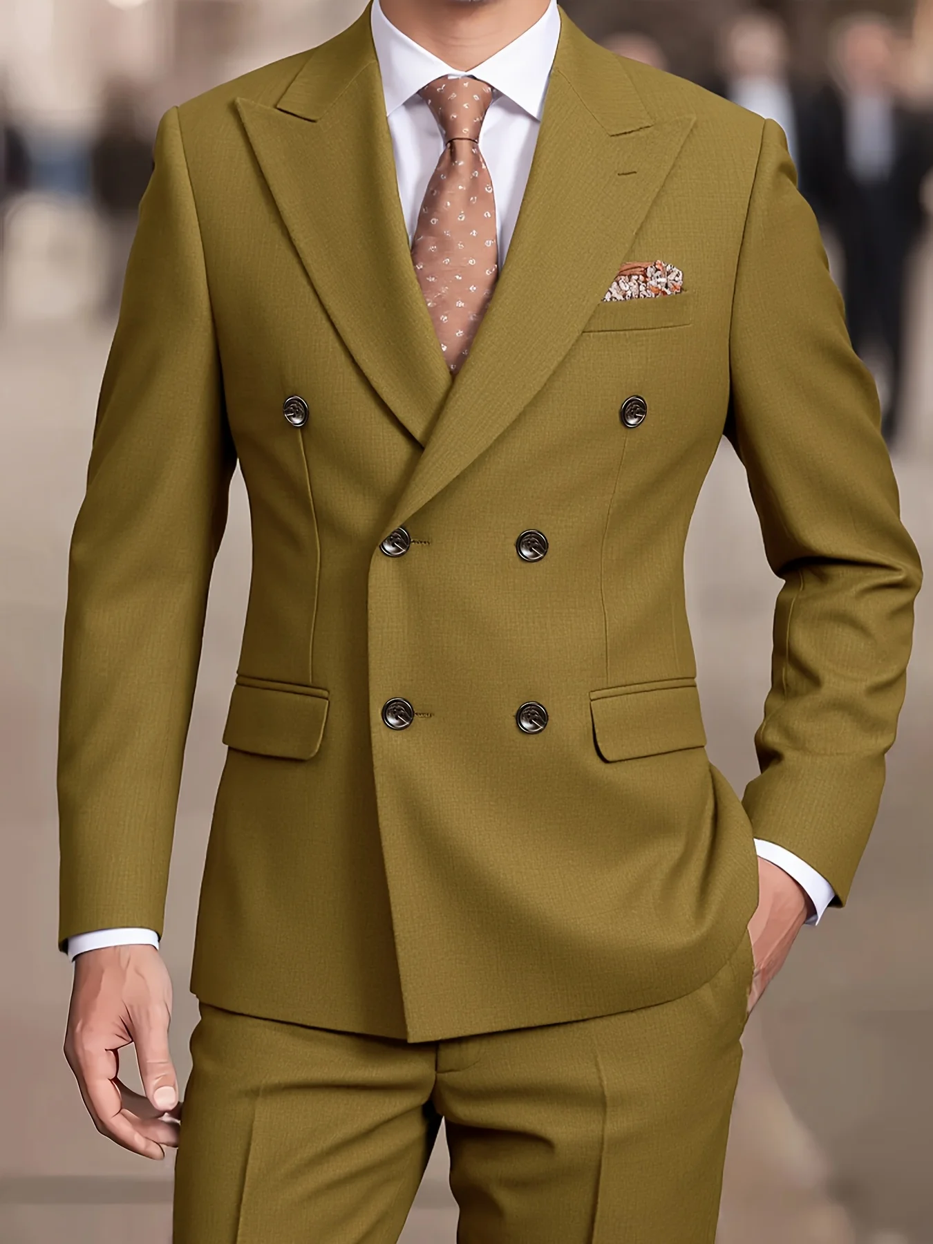 

Men's Double Breasted Suit 2 Piece Set, 3 Colors (Pink/Yellow/Brown), Peak Lapel Slim Fit Blazer & Pants for Formal Business Wed