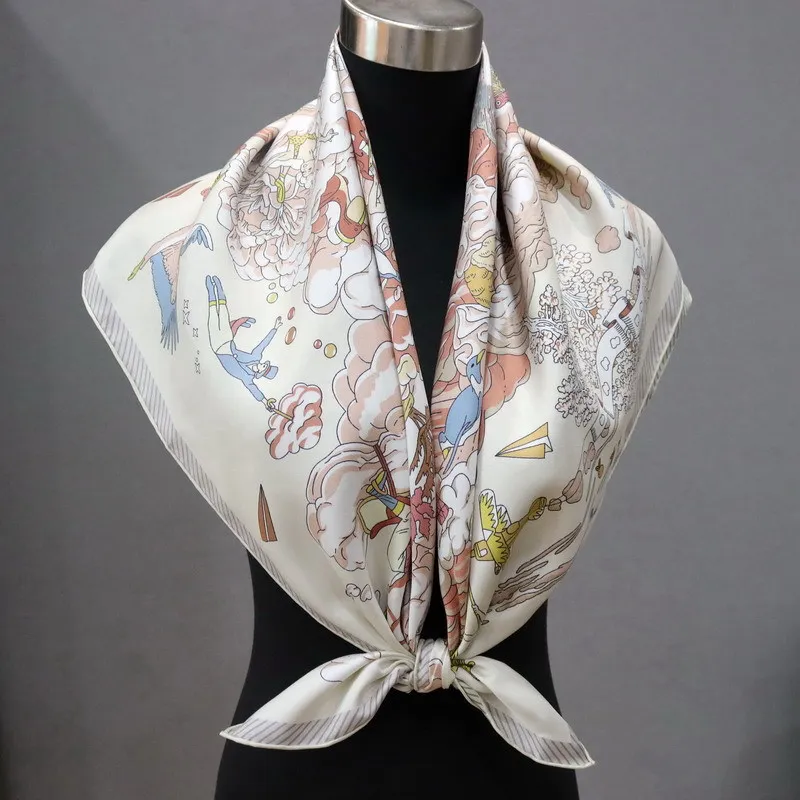 2 Sides 90 Silk Scarf Neckerchief 2023 Designal Square Silk Shawl Echarpe 18mm