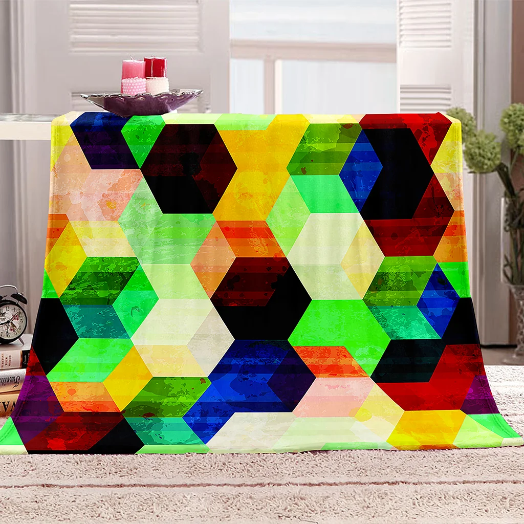 HUANZHUANG Throw Blanket For Bed Print Throw For Bed Double Couch Bed 3D Color Solid Geometric Square Blanket For Bed, Sherpa F