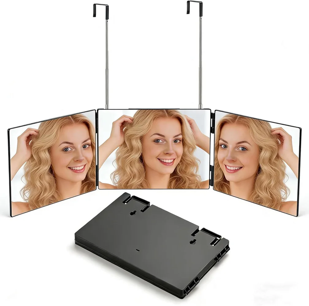 Trifold Self Haircut Mirror,360° View with Height Adjustable Hooks, HD Glass for Shaving, Makeup, Travel Friendly Grooming Tool