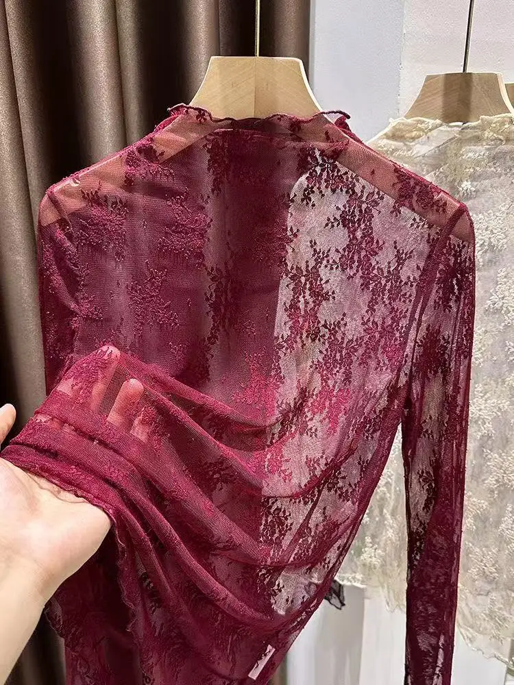 

Elegant Red Lace Half High Collar Base Shirt Women's Autumn Thin Net Shirt Skirt Inner Wear Slim Fit Long Sleeve Polyester Fiber